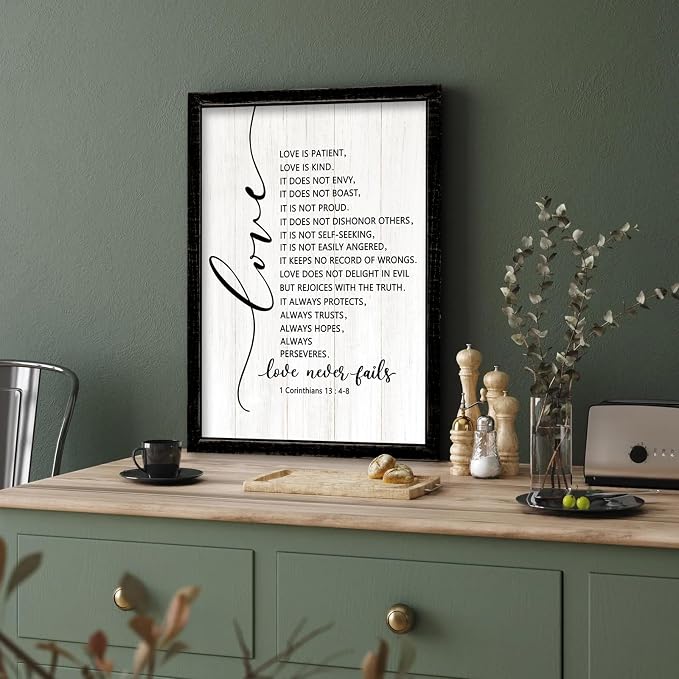 Love is Patient Love is Kind Framed Wall Art, 11''×16'' Narrow Holy Religious Christian Saying Sign for God Jesus Christ Prayer, Vintage Positive Inspirational Catholic Scripture Wall Decor