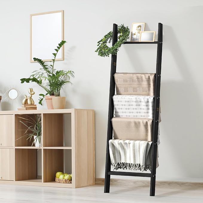 HONEST OUTFITTERS Blanket Ladders for The Living Room, 6-Tier Blanket Holder, Wall-Leaning Blanket Rack, Ladder Shelves, Wooden Quilt Ladder, Farmhouse Decor, Black