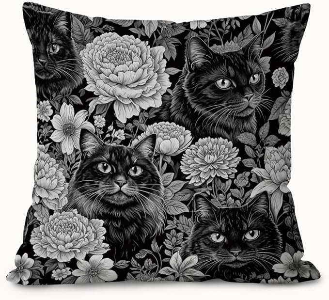 Vintage Black Cat Floral Pillow Covers 18x18, Floral Room Decor, Dark Cottagecore Wildflowers Moody Cat Decorative Throw Pillow Covers Pillowcases for Bedroom Living Room Home Decor