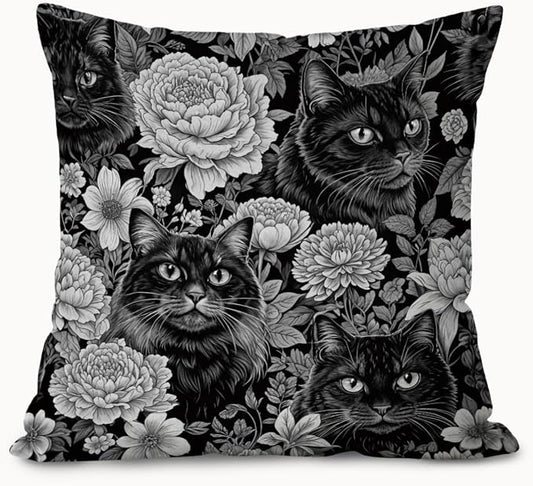 Vintage Black Cat Floral Pillow Covers 18x18, Floral Room Decor, Dark Cottagecore Wildflowers Moody Cat Decorative Throw Pillow Covers Pillowcases for Bedroom Living Room Home Decor