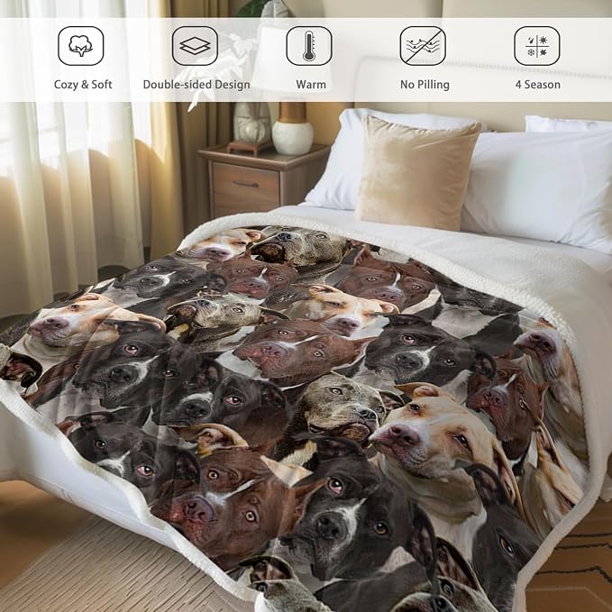 BlessLiving Pitbull Blanket and Throws for Adults - Fuzzy Dog Blanket, Cute Pit Bull Sherpa Fleece Throw (60" x 80")