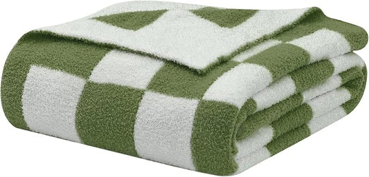 bearberry Soft Plush Throw Blanket for Couch, Cozy Warm & Lightweight | Knitted Fluffy Checkered Comfort Home Decor Gift for Women Mom Her, Sofa Chair Bed, 60x80in, Green