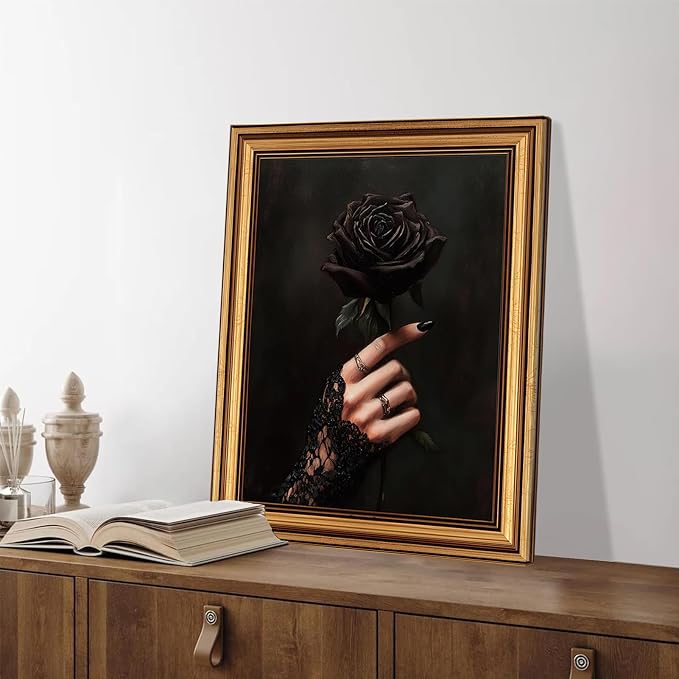 Vintage Gold Framed Wall Art Dark Academia Gothic Black Rose Wall Decor Picture Romantic Victorian Witchy Aesthetic Poster Dark Halloween Print for Gallery Living Room Bedroom Home Decoration 12x16in