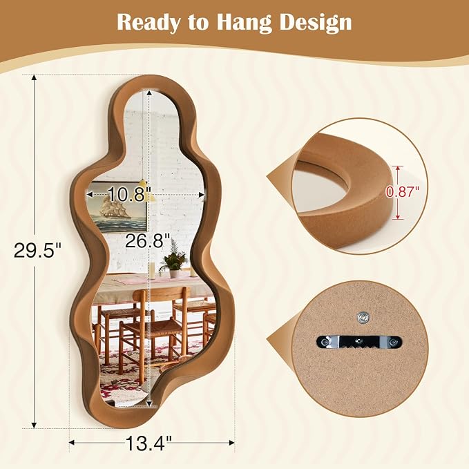 Boho Wavy Mirror Wall Decor for Girly Bedroom Dorm,Brown,13.8x29.9 | Soft Flocking Touch,Cute Abstract Decorative Mirrors for Modern Apartment Nursery Room Decoration,Large Hanging Wall Art