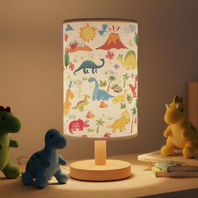 Dinosaur Lamp for Boys Room, 3 Colors Nightstand Light, Round Wood Base Flaxen Fabric Desk Lamp for Kids Room, Dino Lamp Gift for Boy (LED Bulb Included)