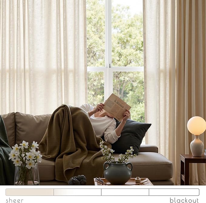 jinchan Linen Curtains Light Filtering Back Tab 50x96 Inch 4 Panels Beige | Semi Sheer Curtains 96 inch length for Bedroom Living Room, Modern Farmhouse Drapes with Rod Pocket, Natural Boho Curtains