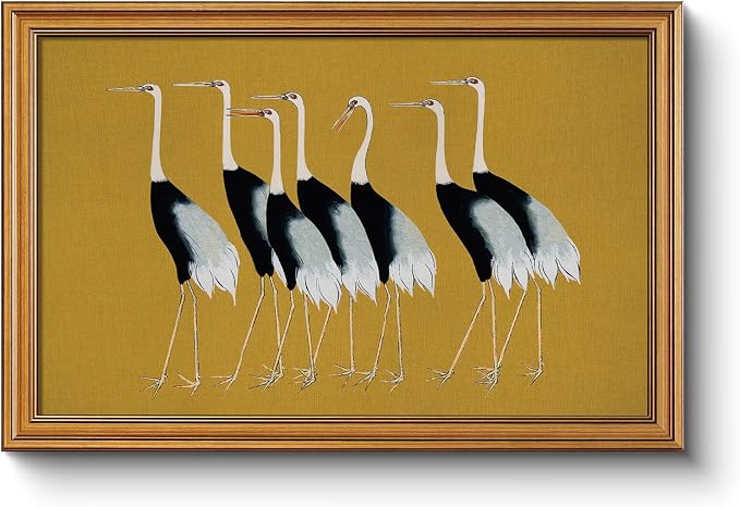 WHASAYART Gold Framed Vintage Wall Art for Living Room, Animals Painting Prints Shelf Decor for Kitchen, Aesthetic Bedroom Wall Art Decor, Christmas Gifts for Friends or Family Seven Cranes 16"x24"