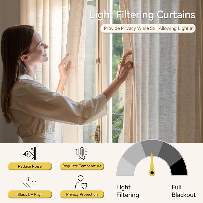 Liz Sheer Pinch Pleated Linen Curtains 90 Inches Long - Light Filtering Pleat Curtains for Living Room,Window Curtains for Bedroom, Luxury Pinch Pleated Drapes with Hooks, Natural, 2 Panels Set