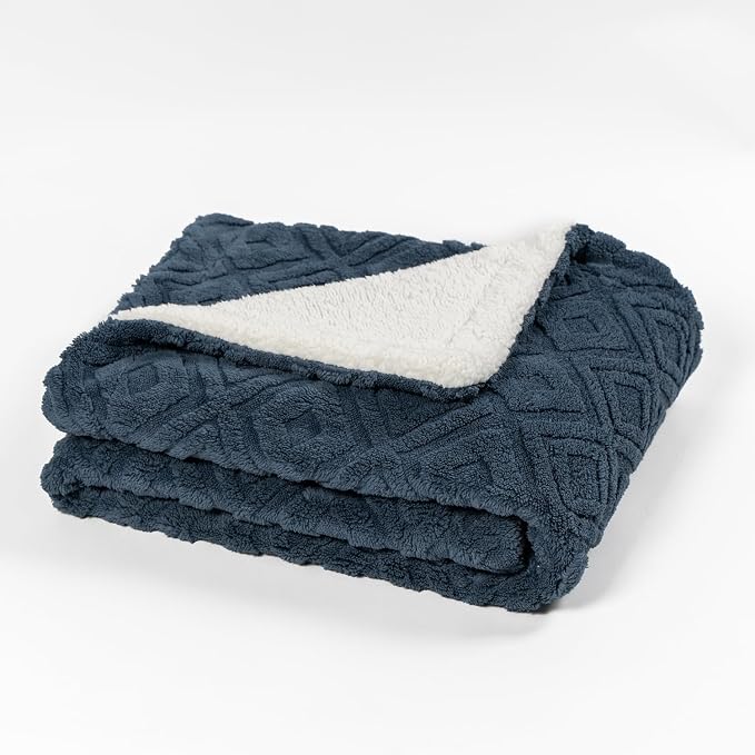 EverGrace Jacquard Reversible Sherpa Throw Blanket, 50" x 60", Stormy Blue | Jacquard Sherpa Throw Blanket, Super Soft, Cozy Plush Blanket, Reversible Thick Warm Throw for Bed, Sofa, Living Room