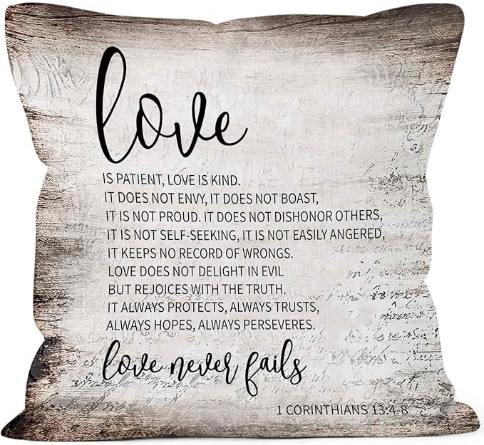 Vintage Christian Bible Verse Love is Patient Throw Pillow Covers 18x18, Rustic Scripture Corinthians Decor Pillow Cases for Farmhouse Bedroom Living Room, Religious Pillowcases for Couch Bed