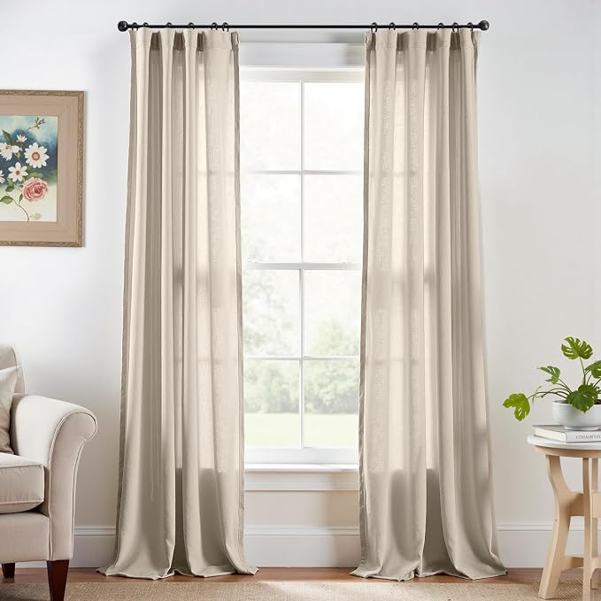 jinchan Linen Curtains Light Filtering Back Tab 38x90 Inch 2 Panels | Semi Sheer Curtains 90 inch length for Bedroom Living Room, Modern Farmhouse Drapes with Rod Pocket, Natural Boho Curtains