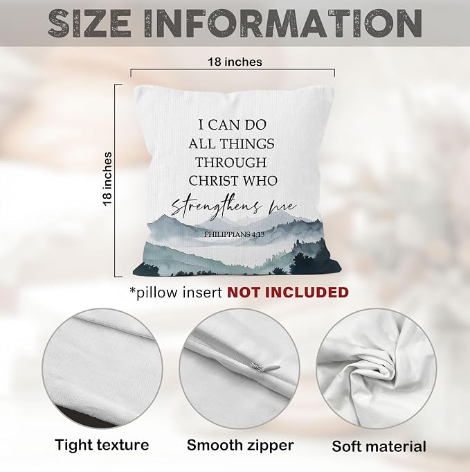 Boho Christian Bible Inspirational Throw Pillow Covers 18x18 Set of 2, Mountain Woodland Decor Pillow Cases Gifts for Bedroom Living Room, Philippians Proverbs Pillowcases for Couch Bed Sofa