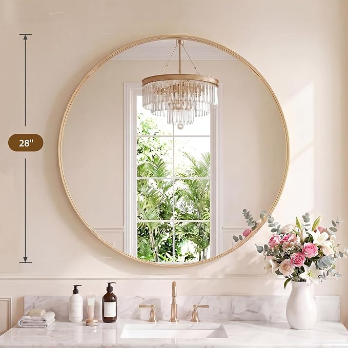 Sweetcrispy Round Bathroom Mirror for Over Sink, 28 Inch Wall Vanity Mirror | Matte Metal Frame Over Sink, Home Decor Living Room, Bedroom Hang Mount, Gold