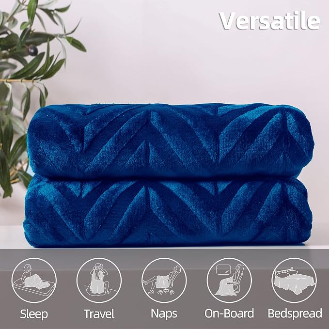 Whale Flotilla Flannel Fleece Bed Blanket Queen Size, Royal Blue | Lightweight Breathable Soft Bedspread, Plush Fluffy Coverlet Chevron Design Decorative Blanket for All Season, 90x90 Inch