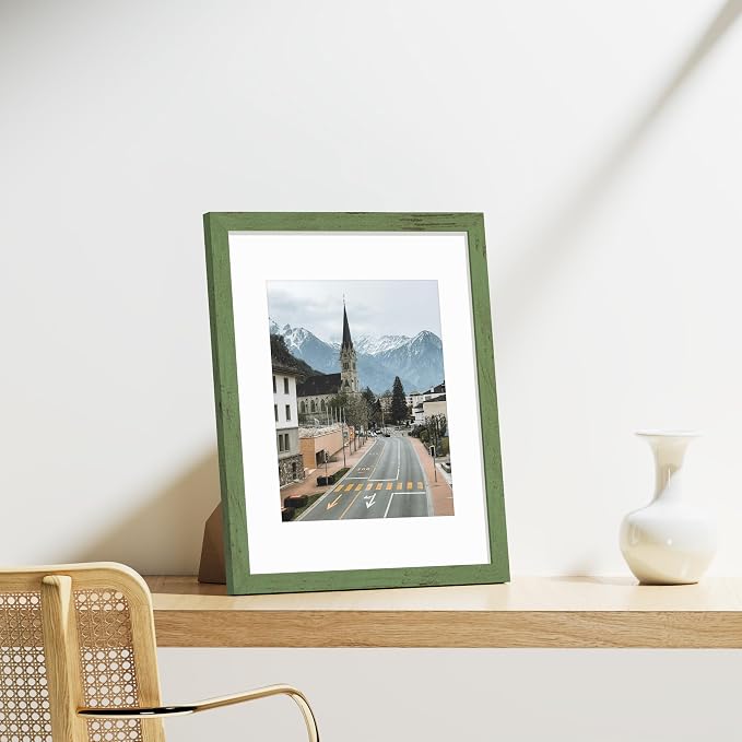 Vittanly 11x14 Picture Frames Set of 9 for Wall Mounting, Rustic Green | Display Pictures 8x10 with Mat or 11x14 without Mat, Engineered Wood with Shatter Resistant Plexiglass, Gallery Photo Frames