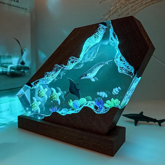 Handmade Humpback Whale Resin Ocean Lamp with Wooden Base