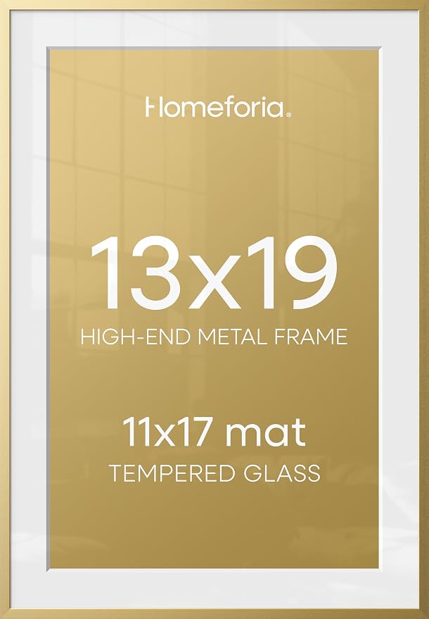 Homeforia 13x19 Gold Picture Frame, High-End Metal, 11x17 Mat, Glass