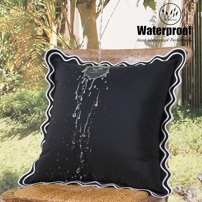 Black and White Scalloped Outdoor Throw Pillow Covers 18x18 Set of 2