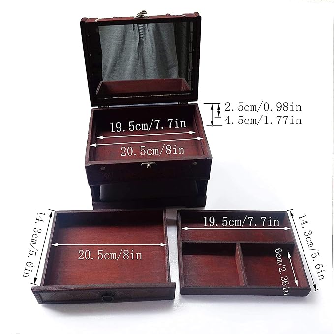 Brokimis Wooden Jewelry Box with Mirror Classical Wood Jewlery Storage Box | Jewelery Case Holder Jewellery Chest Organizer with Drawer Mom Gifts Mothers Day Gift for Women Girls Ring Necklace Earring
