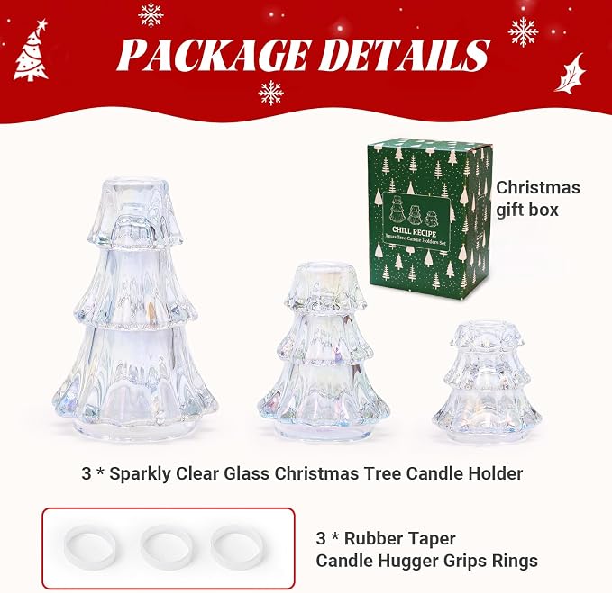 CHILL RECIPE Christmas Tree Candle Holders Xmas Glass Taper Candlestick Holders Thickened with Rubber Candle Grippers for Decoration Table Centerpiece Dinner Party Home Decor(Sparkly Clear 3Pcs &Box)