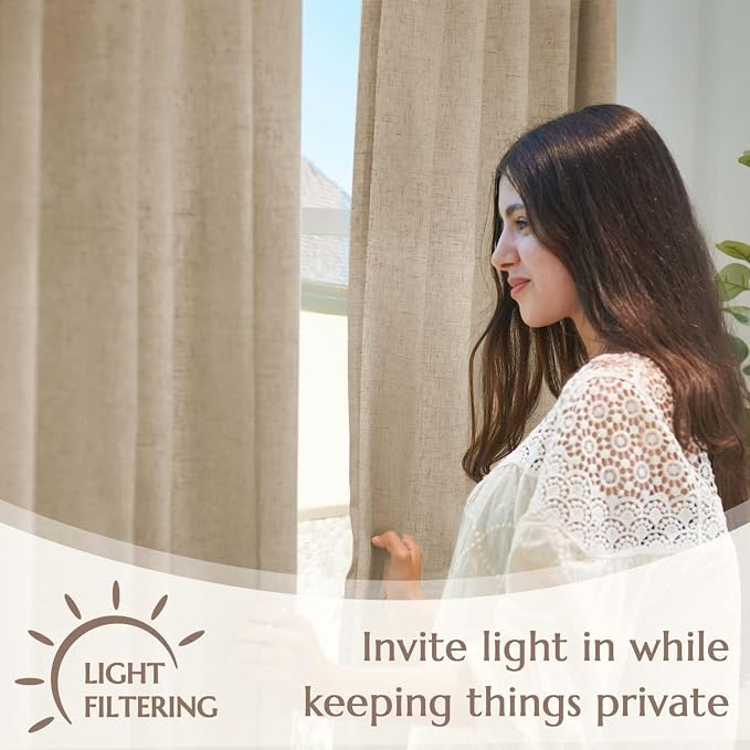jinchan Lined Linen Curtains Extra Wide Back Tab 100x90 Inch 1 Panel Taupe | Light Filtering Curtains with White Privacy Liner, Cottage Core Farmhouse Curtains for Living Room, Rod Pocket 90 Inch Length