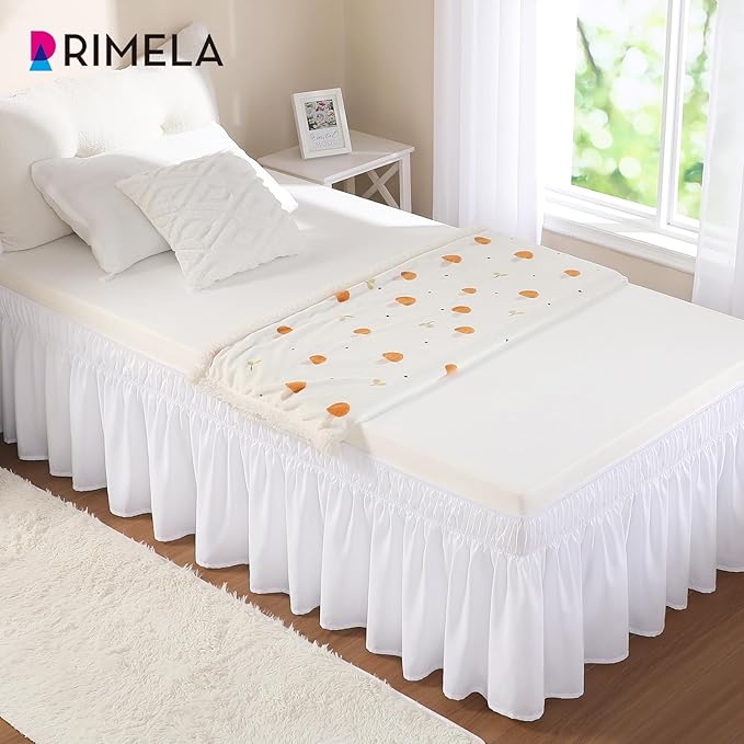 White Bed Skirt Twin Size 15 Inch Drop, Elastic Wrap Around Bedskirt | Solid Ruffled, Easy to Use, No Mattress Lifting, Wrinkle & Fade Resistant, with Adhesive Strips, Machine Wash/Dry/Iron