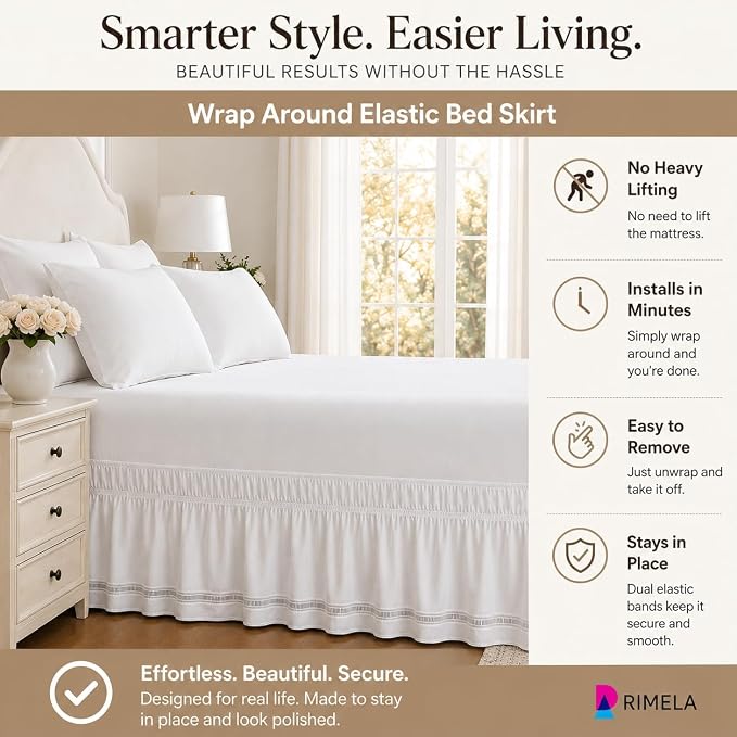 Ruffled Lace Bed Skirt King 15" Drop, Elastic Wrap Around Bedskirt | Solid Ruffled, Easy to Use, No Mattress Lifting, Wrinkle & Fade Resistant, with Adhesive Strips, Machine Wash/Dry/Iron