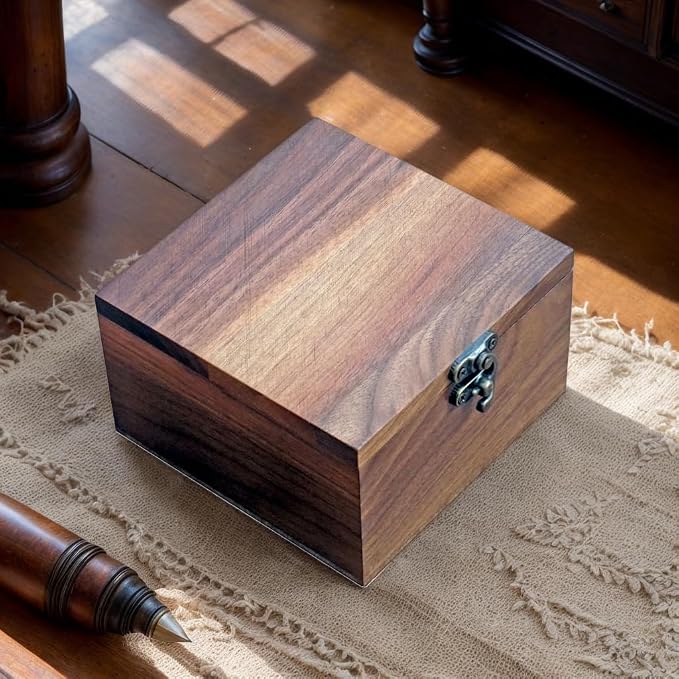 Handcrafted Walnut Wood Keepsake Box – 4.3 x 4.3 x 2.5 inch – Jewelry, Watch & Gift Storage Box – Rustic Wooden Box for Wedding, Birthday, Christmas