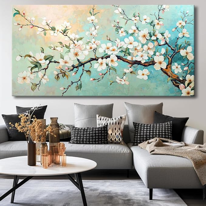 Large White Prunus mume Flower Wall Art Elegant Flower Framed Floral Canvas Print for Living Room, Bedroom, Dining Room, Home Office Modern Ready to Hang Home Decor - 20"x40"