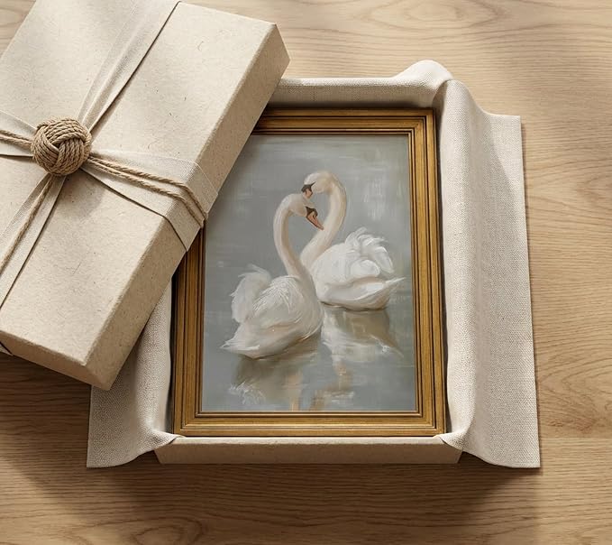 Rienkhu Gold Frame Vintage Wall Art Prints Decor Classical Swan Canvas Oil Painting Poster Pastel Watercolor Swan Vintage Art Pictures Farmhouse Wall Decor for Nursery Bedroom Bathroom Office 9x11in