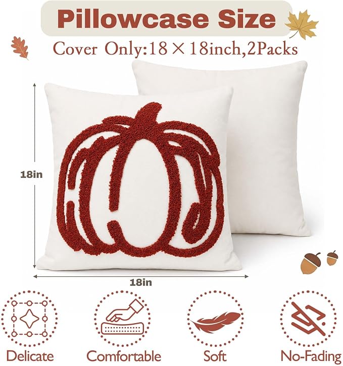 ONFAON Embroidered Fall Pumpkin Pillow Covers 18x18 Inch Set of 2 | Autumn Decor Throw Pillow Cover, Halloween Farmhouse Home Decor Throw Cushion Cases for Living Room Couch Sofa Bed