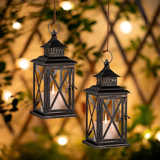 Lantern Decorative Indoor & Outdoor, 2 Pack Large Hanging Candle Lanterns Home Decor, Vintage Metal Candle Holders for Front Porch Patio Wedding Party, Halloween Christmas Decorations (Black)