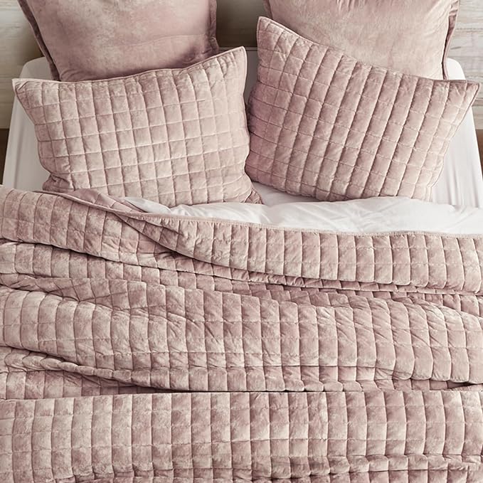 RECYCO Channel Box Stitch Velvet Quilt Set, Twin/Twin XL Size, Rose Pink | Ultra Soft Lightweight Velvet Comforter, Luxury Oversized Bedspread Coverlet, Quilted Bedding Set for All Season with 1 Sham