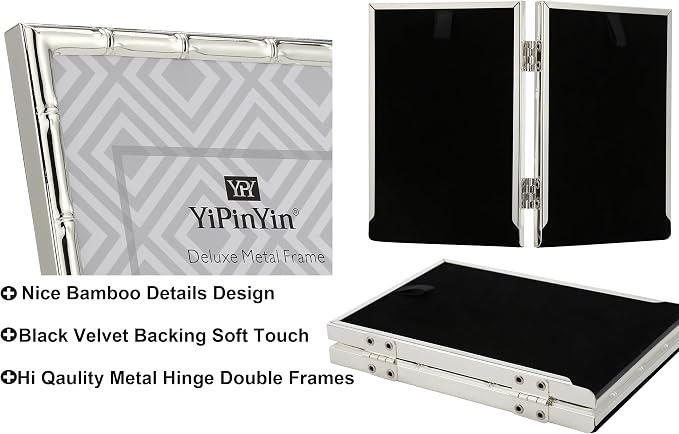 YiPinYin Silver 5x7'' Bamboo Detail Double Metal Picture Frame,Elegant Elegant Narrow Profile Silver Plated Photo Frames With Soft Velvet Backing for Desktop and Shelf Decor