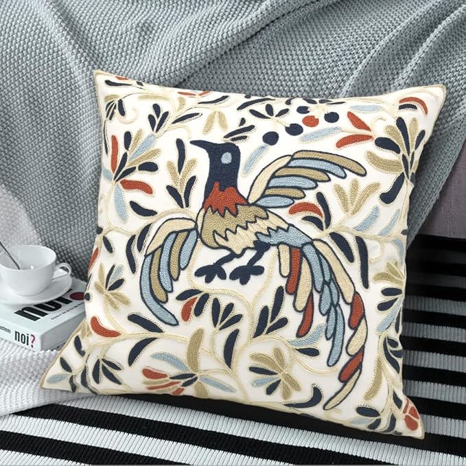 Alysheer Embroidered Decorative Throw Pillow Cover 18x18 inch, Lucky Bird Boho Embroidery Happy Knit Pattern Cotton Cushion Case for Sofa Couch Car Living Room Bedroom Garden Gifts(Ivory Navy)