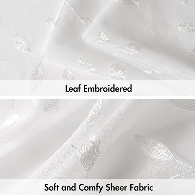 MIULEE White Sheer Curtains 2 Panels Embroidered Leaf Patterned, W52 x L84 | Embroidered Floral Semi Sheer,Rod Pocket,Faux Linen,Short Window Curtains Drapes Set for Kitchen/Bathroom/Cafe