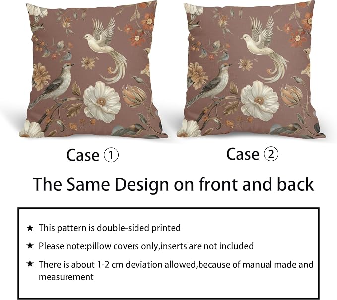 Kawani Vintage Floral Pillow Covers 18x18 Inch Set of 2 Brown Chinoiserie Flower and Bird Outdoor Decorative Throw Pillows Retro Rustic Pillowcases Farmhouse Cushion Covers for Couch Home Decor
