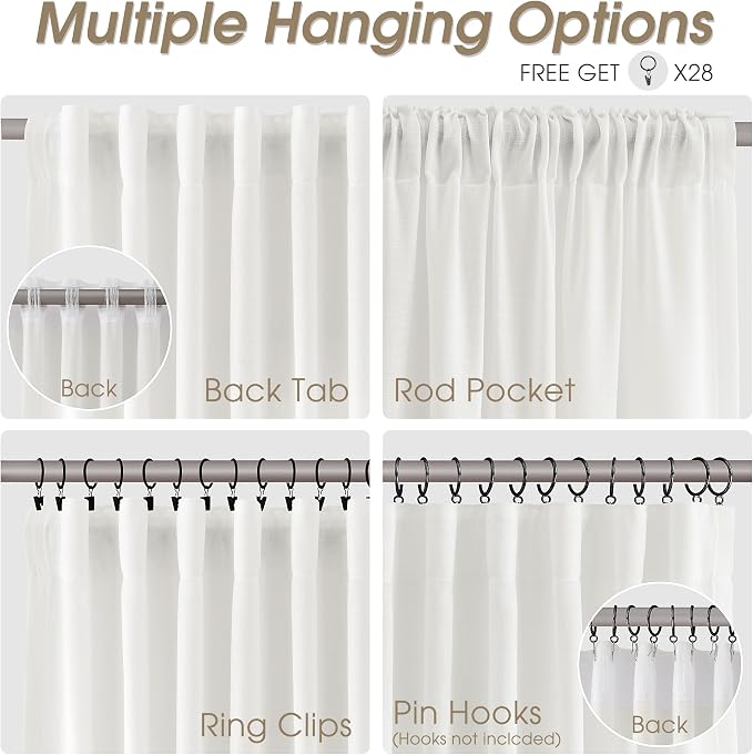Extra Long Linen Curtains 108 Inch Length for Bedroom 2 Panels Set Privacy Textured Translucent with Light Filtering Elegant Semi Sheer Drapes for Bedroom Floor to Ceiling Ivory W52 x L108