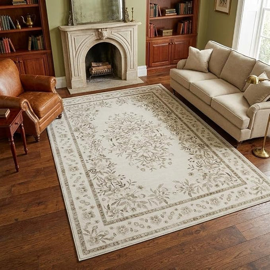 GarveeHome 6x9 Flower Rug for Living Room Vintage Floral Leaf Bedroom Rug | Beige Botanical Bordered Floor Carpets for Nursery Room Low Pile Non-Slip Machine Washable Area Rug for Dining Office Laundry