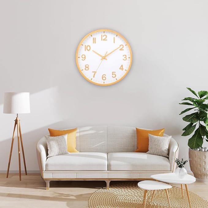 Wall Clocks Battery Operated 10 inch Modern Wall Clock,Silent Non Ticking Wall Clock for Living Room Bedroom Kitchen Office Classroom Decor (Wood Grain Yellow White)