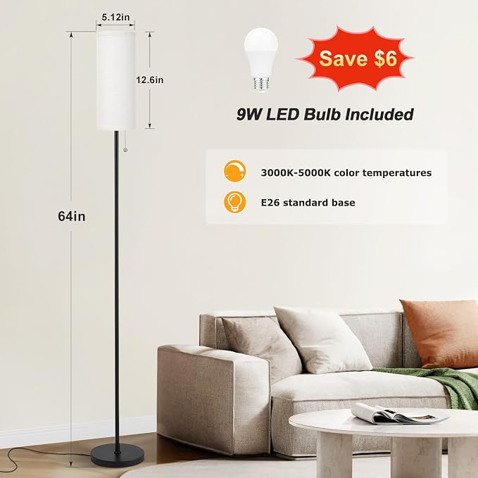 Ambimall Floor Lamp with Bulb & Lampshade & Chain Switch Set of 2, Beige