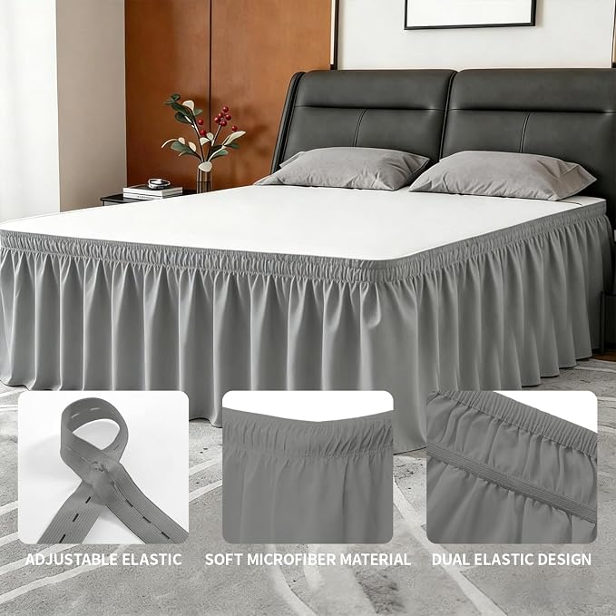 ANARACHON King Bed Skirt, Elastic Wrap Around Bed Skirt King Size, Bed Skirts for Adjustable Bed, Easy Fit with 18" Drop Length Tailored Drop Dust Ruffle (Grey)