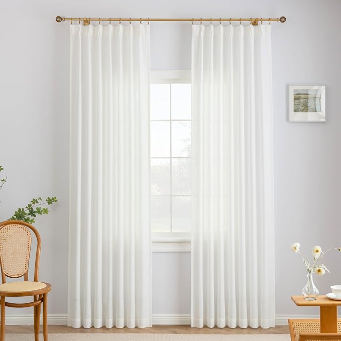 Liz Pinch Pleated Linen Curtains 92 Inches Long, Light Filtering Curtains for Living Room, Farmhouse Window Curtains for Bedroom, Modern Drapes with Hooks and Rings, White, 2 Panels Set