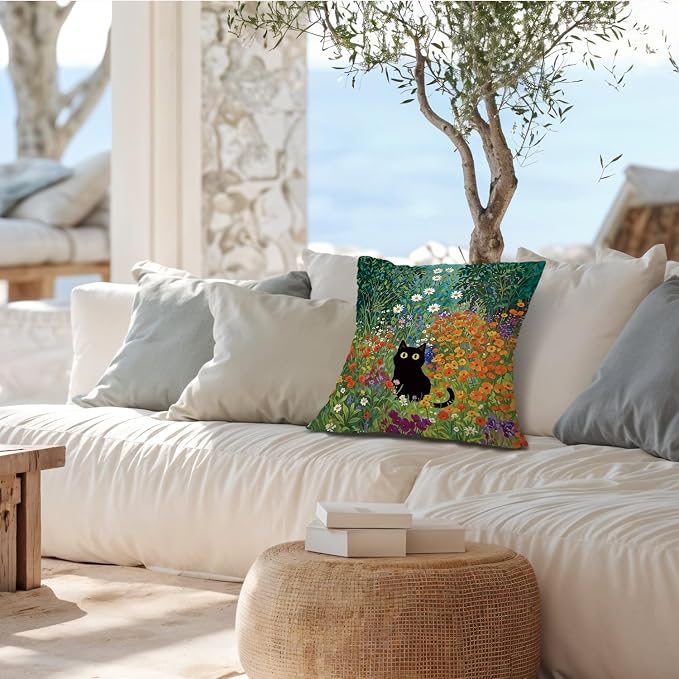 William Morris Flower Black Cat Pillow Covers 18x18, Floral Cats Decorative Pillow Covers for Home Bedroom Living Room Office Decor, Cat Lovers Mom Grandma Gifts for Mother's Day