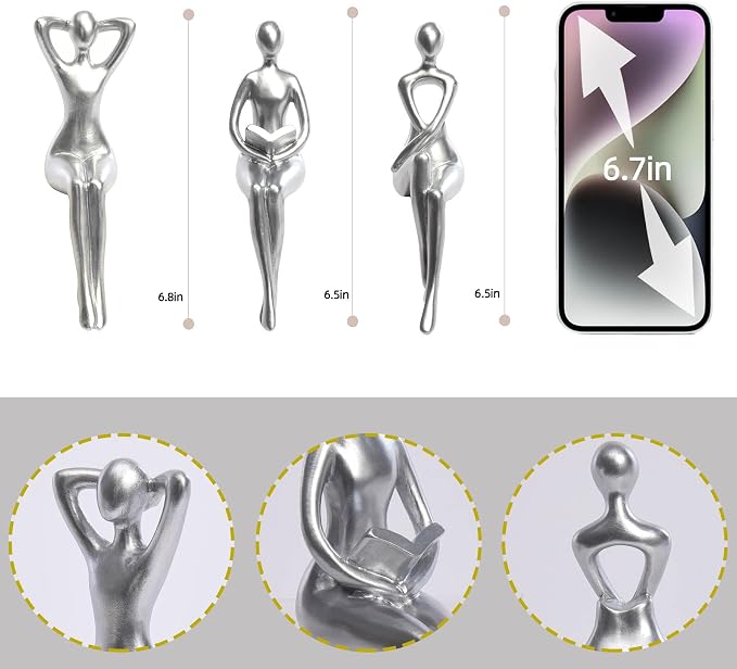 Quoowiit Thinker Statue Office Desk Decor, Silver Art Sculpture Ornament Coffee Table Bookshelf Decor Modern Home Unique Home Decorations for Living Room 3 Piece