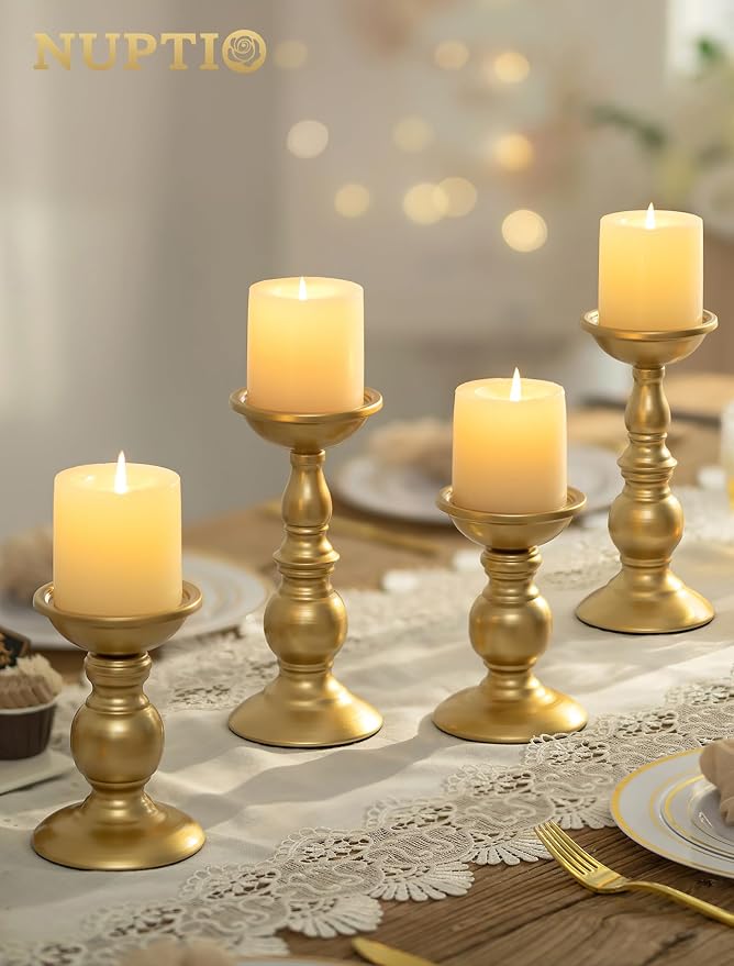 NUPTIO Gold Pillar Candle Holder: Brass Tall Stand for 3" Candles
