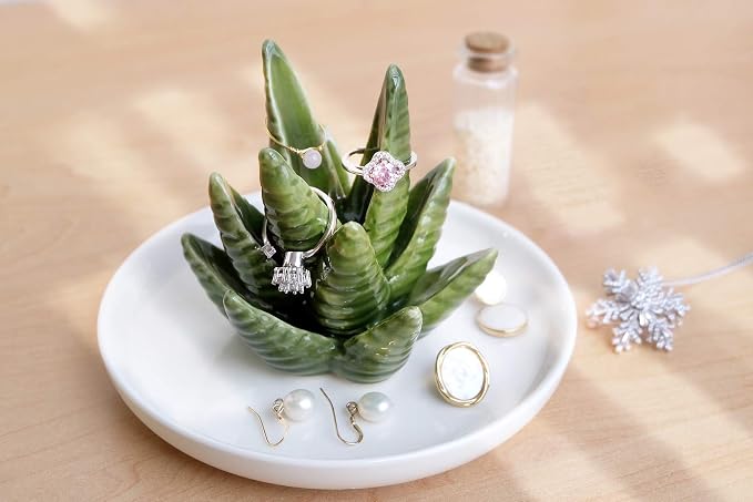 PUDDING CABIN Aloe Ring Holder,Cactus Ring Dish,Jewelry Holder Trinket Tray for Rings Earrings Necklace Organizer,Bridesmaid Christmas Birthday Gift for Women Girls