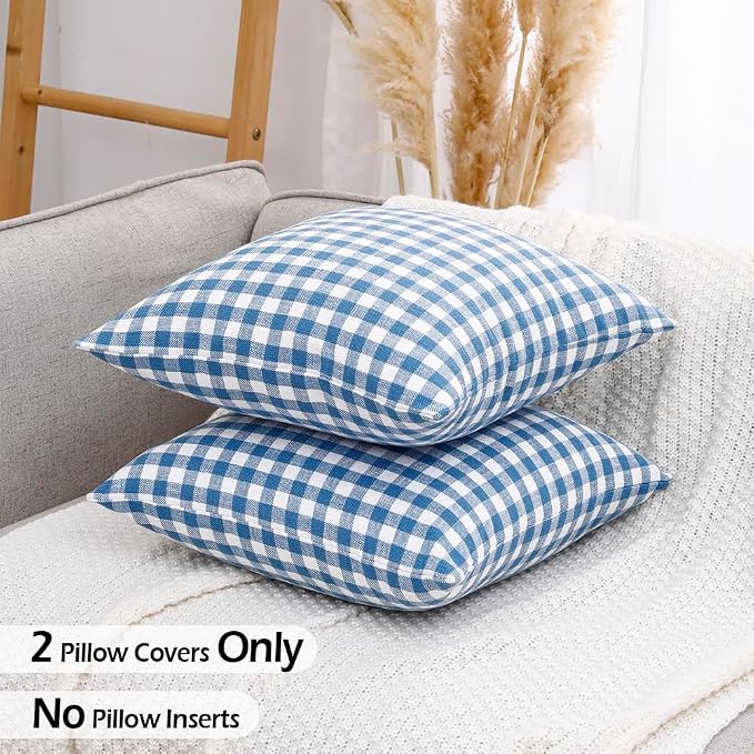 Coastal Decor Light Blue Gingham Plaid Decorative Pillow Covers 20x20 | Set of 2 Blue Pillow Covers 20 x 20, Vintage Farmhouse Cottage Core Decor for Couch Bed, Fundas Para Cojines De Sala Navidad