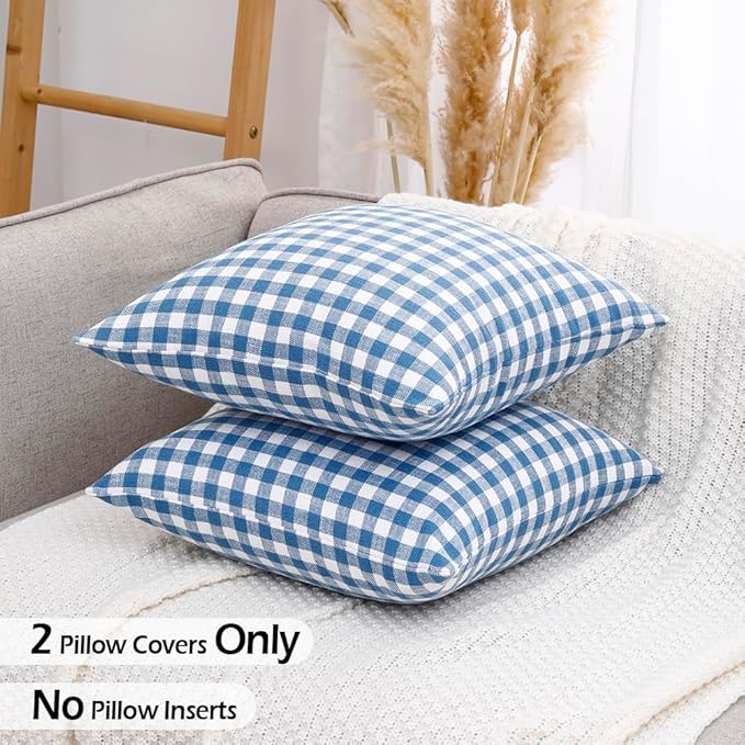 Coastal Decor Light Blue Outdoor Gingham Plaid Throw Pillow Covers 18x18 | Set of 2 Blue Pillow Covers 18 x 18, Vintage Farmhouse Cottage Core Decor, Blue Throw Pillows, Cojines Decorativos Para Sala
