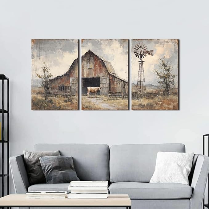 Vintage Farmhouse Wall Art Old Barn Canvas Painting Prints for Kitchen Windmill Barn Pictures Framed Paintings Landscape Countryside Posters Wall Decor for Bedroom Office Home Decorations 16x24
